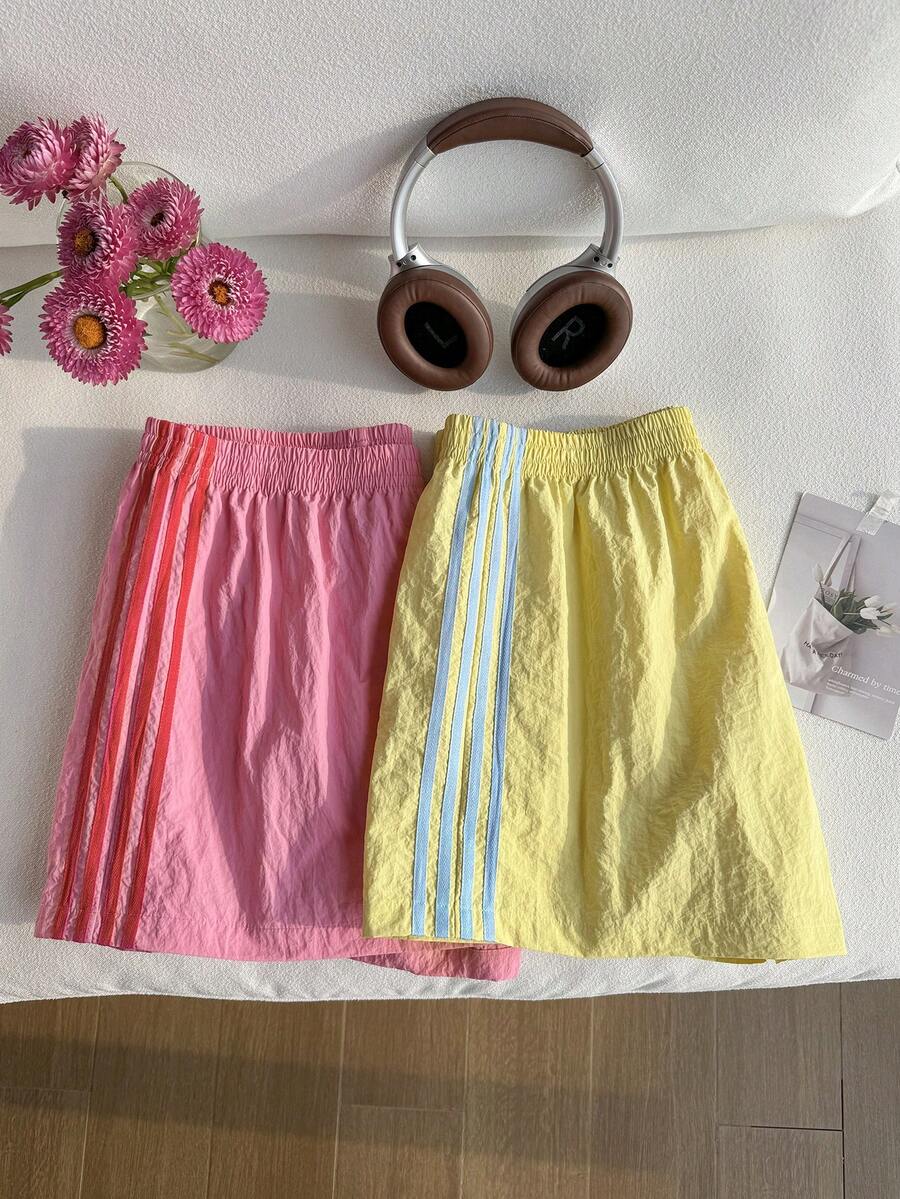 Comfortcana 2 chiếc quần short cỡ lớn màu hồng và xanh lá cây họa tiết dưa hấu, kiểu dáng thường ngày. - Hồng - Xem 1