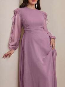 Modelyn Long Round Neck Ruffle Sleeve Black Dress - Purple - View 7