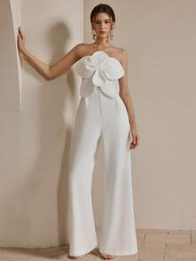 Anewsta Mono elegante con pierna ancha y decoración floral 3D hecho a mano, conjunto de festival elegante todo blanco para mujeres - Blanco - Ver 4