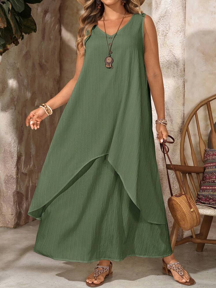 Plus Size Women's Summer V-Neck Sleeveless 2 In 1 White Long Dress