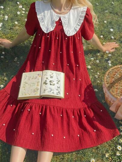 SHEIN Đầm ngắn tay cổ Peter Pan phối màu dành cho bé gái tuổi teen, đính ngọc trai.