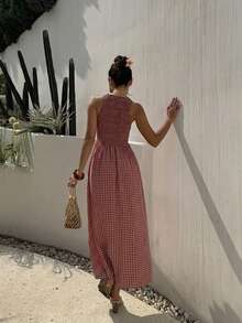 SHEIN EZwear Women's Pink Plaid,Summer,Tropical,Holiday,Vacation,Holiday Sleeveless Fitted Waist Red & White Plaid Dress, Date Beach Elegant Wedding Party - Red - View 2