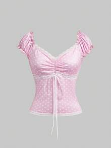 ROMWE Kawaii 2pcs/Set Women's Summer Outfits, V-Neck Bowknot Decor Contrast Polka Dot Lace Patchwork Slim Fit Top And Skirt - Pink - View 5