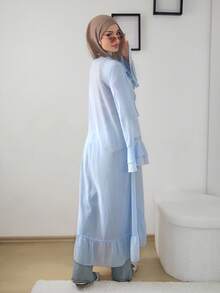 Mulvari Áo sơ mi dài tay nữ kiểu dáng thường ngày với viền bèo nhún. - Màu xanh nhạt - Xem 6