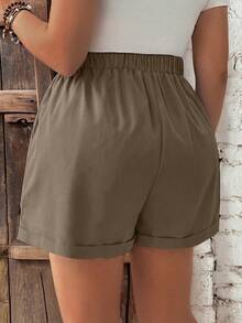 Calvaya Plus Size Women Drawstring Waist Pockets Casual Versatile Daily Wear Shorts - Khaki - View 2