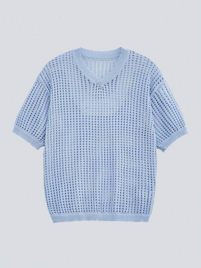 Modcrash Unisex Casual Solid Color Hollow V-Neck Pullover Short Sleeve Knit Top, Spring/Summer