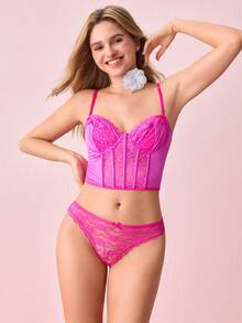 Bonmuse Sujetador de encaje y sujetador sin aros para mujer - Rosa Fucsia - Ver 9