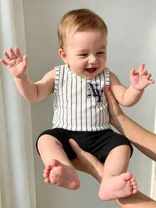 Vintaside Kids Baby Boy Street Style Striped Letter Print Tank Top And Shorts Set, Spring/Summer - Black and White - View 1
