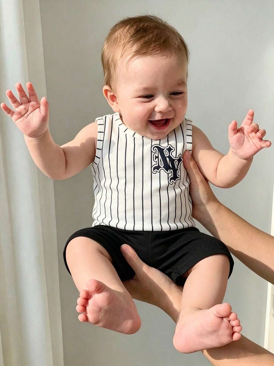 Vintaside Kids Baby Boy Street Style Striped Letter Print Tank Top And Shorts Set, Spring/Summer - Black and White - View 1