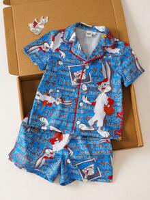 LOONEY TUNES X SHEIN Bộ đồ ngủ mùa hè in hình hoạt hình dễ thương dành cho bé trai - Màu xanh lam - Xem 1
