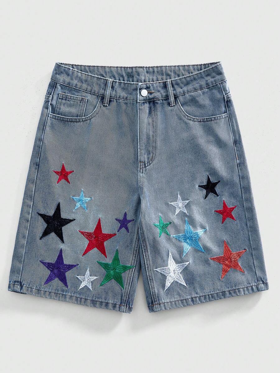 ROMWE MEN Men's Five-Pointed Star Embroidered Denim Shorts, Suitable For Spring And Summer - Blue - View 1