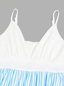 SHEIN Elenzya Women's Elegant Lace Patchwork Striped Spaghetti Strap Dress, Summer - Blue and White - View 5