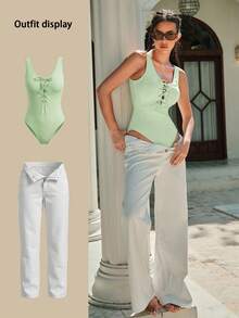 Fluxe Women's Solid Color Tie-Up Design Casual Versatile Bodysuit For Daily Wear Summer Outfits Spring Outfit Women's Gym Clothes Holiday Outfits Sportswear Workout Sets Female Gym Set Sage Green Strap Details Removable Breast Pads - Mint Green - View 12
