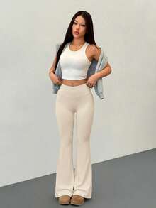 SHEIN PETITE 女士纯色高腰喇叭瑜伽裤，高腰弹力裤，收腹健身紧身裤 - 杏色 - 查看 6