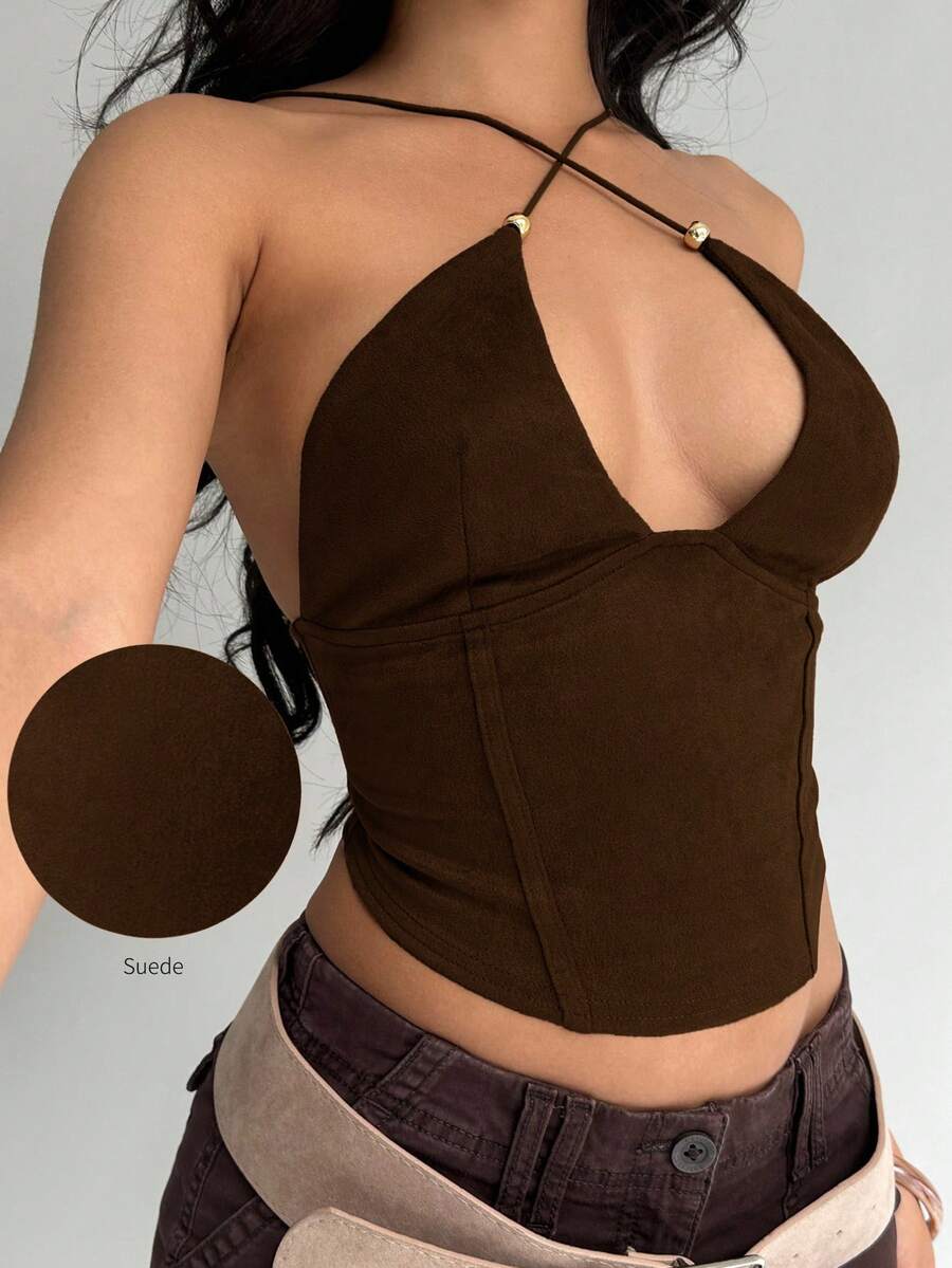 Aloruh Áo croptop không tay ôm sát, màu trơn, kiểu cổ yếm, hở lưng dành cho nữ. - Màu nâu Sô-cô-la - Xem 1