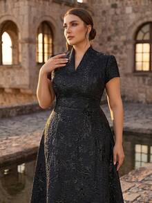 Serin Vestido de línea A de lujo con cuello alto, manga corta y jacquard, elegante y romántico, adecuado para bodas, fiestas, eventos formales, vestido de madre de la novia, talla grande - Negro - Ver 3