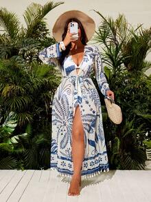 Swim Vcay 大码女式春夏秋季热带植物印花半透明流苏下摆系带和服罩衫，适合海滩和度假穿着 - 黑色 - 查看 2