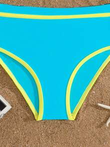 SHEIN Tween Girl Contrast Color Round Neck Crop Top And Triangle Bottoms Bikini Set - Multicolor - View 5