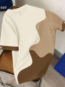 Manfinity Joysei 男士休闲字母印花撞色宽松落肩T恤，适合夏季度假和日常通勤 - 彩色 - 查看 2