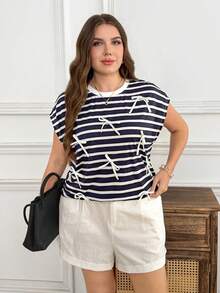 Levarali Plus Size Summer Casual Brown Bow Decor T-Shirt Gym - Blue and White - View 7