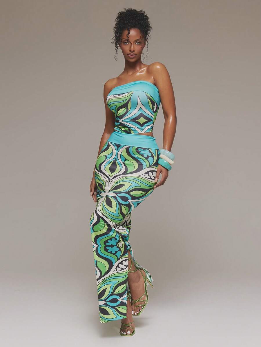 MUSERA Slinky Printed Foldover Fitted Cropped Strapless Bandeau Top Spring Summer Ibiza Festival Holiday Vacation Cute Sexy Y2k Night Out Club Tropical Seduction Y2K - Multicolor - View 1
