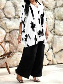 SHEIN Lady Plus Size Women V-Neck Brush Print Top And Wide Leg Pants Casual Casual 2 Pieces Set Holiday Outfit For Women Wear 2 Piece Set Plus Size Palazzo Pants Abstract Print Top Women Kaftan Top Vacation White With Black Dots Summer - Multicolor - View 6