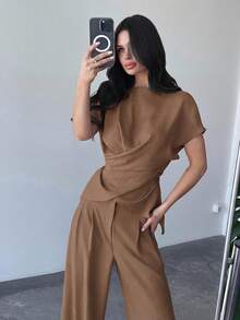 Firerie 女士优雅通勤裹胸系带上衣和阔腿裤套装 - 卡其色 - 查看 6