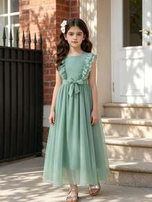 SHEIN Đầm maxi chiffon thanh lịch, tối giản, không tay, cổ tròn, eo xếp ly đôi, màu xanh lá cây, nhẹ nhàng và thướt tha, kèm thắt lưng cùng màu, thích hợp cho bé gái dự lễ tốt nghiệp, dạ hội, đám cưới hoặc làm phù dâu. - màu xanh lá - Xem 3