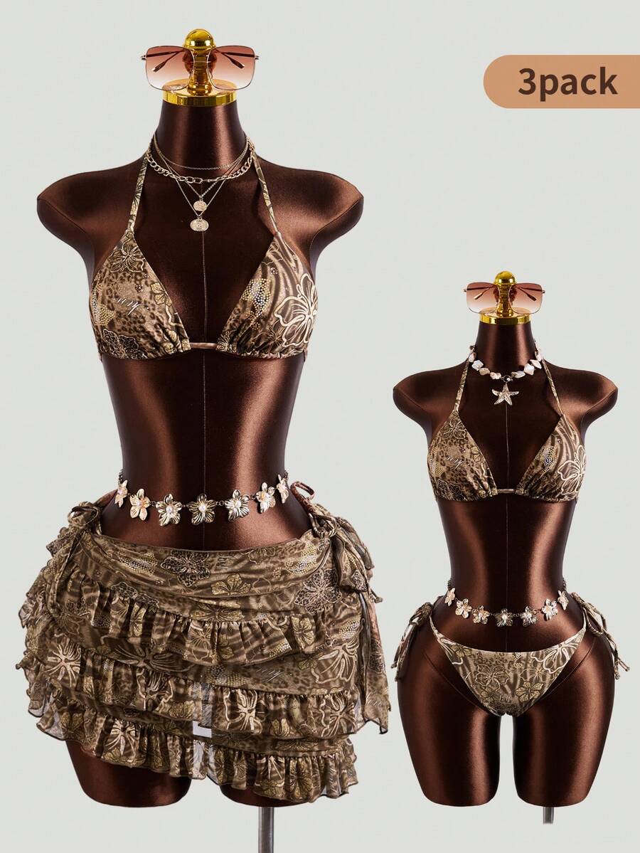 Bộ bikini và váy xếp tầng 3 món họa tiết bướm và hoa lan da báo gợi cảm mùa hè, thích hợp cho kỳ nghỉ biển. - màu nâu - Xem 1
