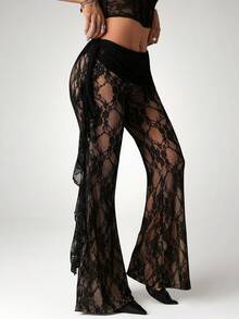 SHEIN ICON Women's Sexy Sheer Lace Flare Pants For Nightclub Party - Black - View 2