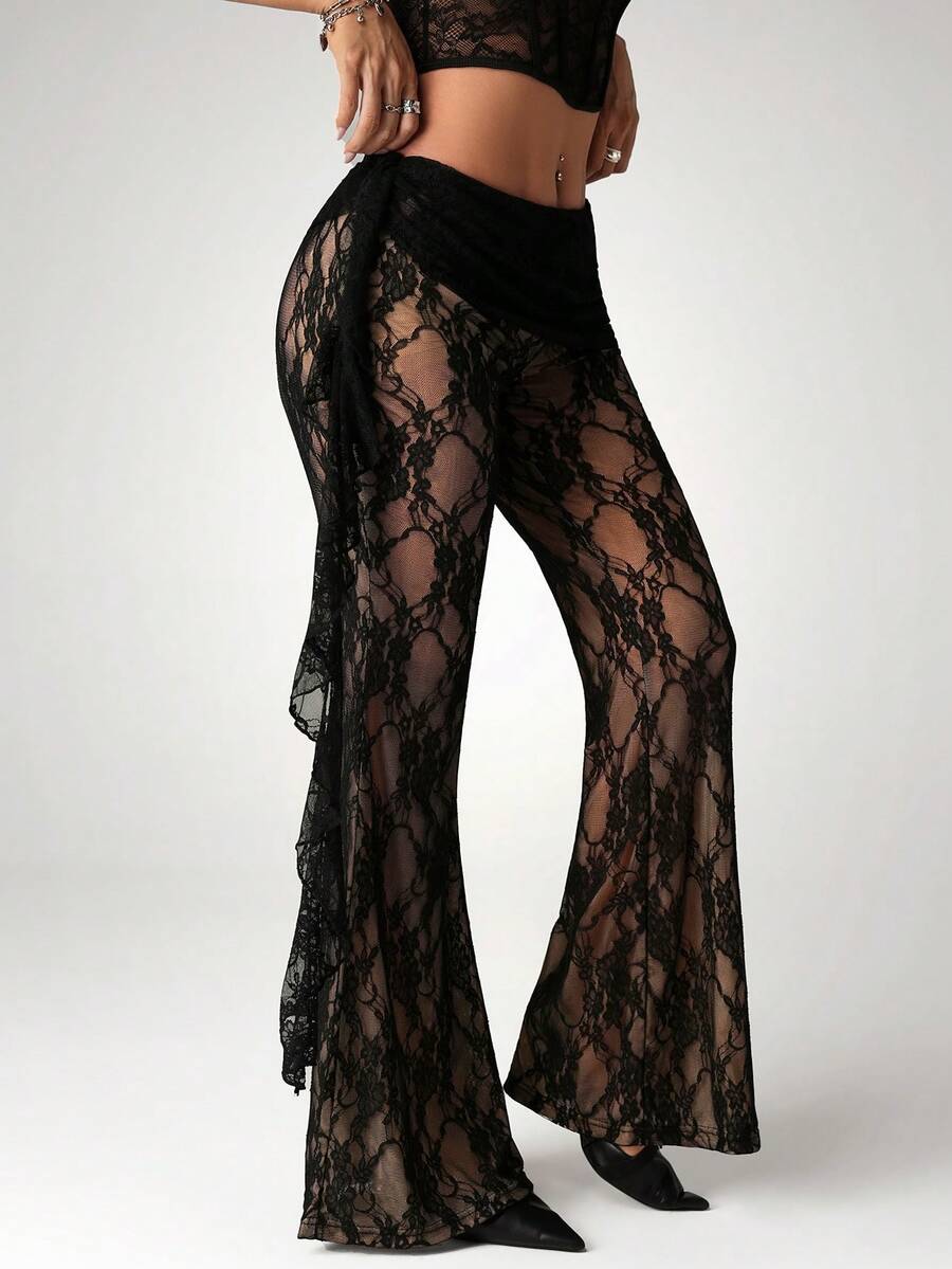 SHEIN ICON Women's Sexy Sheer Lace Flare Pants For Nightclub Party