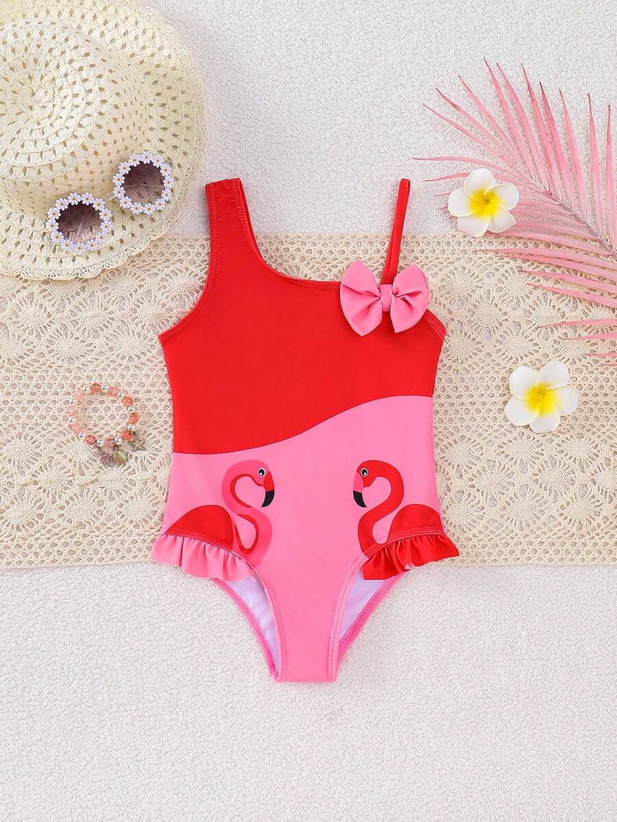 SHEIN Young Girl Bowknot Ruffle One-Piece Swimsuit, Suitable For Beach Vacation, Pool Party, Beach Party - Baby Pink - View 1