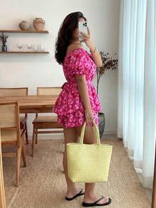 Enliva Jennifer_samantha_style Plus Allover Floral Print Puff Sleeve Romper, Summer, For Apple Rounded Body Shape - Hot Pink - View 2