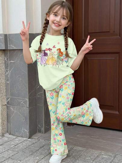 1 Set Young Girls' Casual Sweet Cute Dreamy Princess Print Short Sleeve T-Shirt And Adorable Butterfly, Deer, Flower Pattern Flare Pants Outfit, Mint Green Fresh Summer Suit For Outdoor Wear