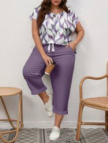 EMERY ROSE Plus Size Summer Casual All-Over Print Batwing Sleeve Round Neck Top And Pants 2 Pieces Set - Khaki - View 6