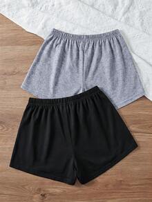 SHEIN 女士纯棉两件套假抽绳爱心图案和纯灰色睡裤家居服舒适可爱休闲多件装 - 灰色 - 查看 2