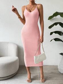 SHEIN Clasi Casual Solid Color Fitted Knit Camisole Dress - Pink - View 5