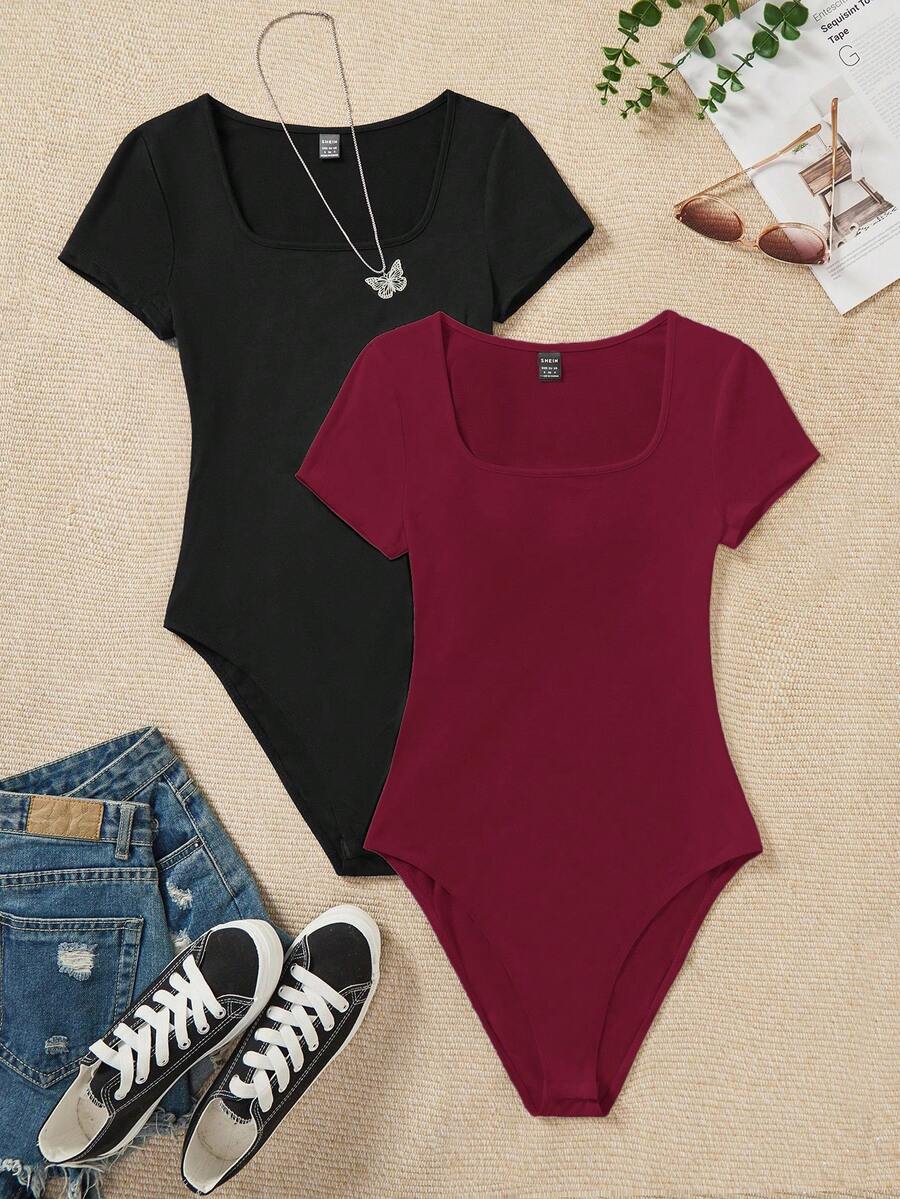 SHEIN EZwear 两件套女士休闲简约圆领短袖连体衣,适合夏季穿着 - 彩色 - 查看 1