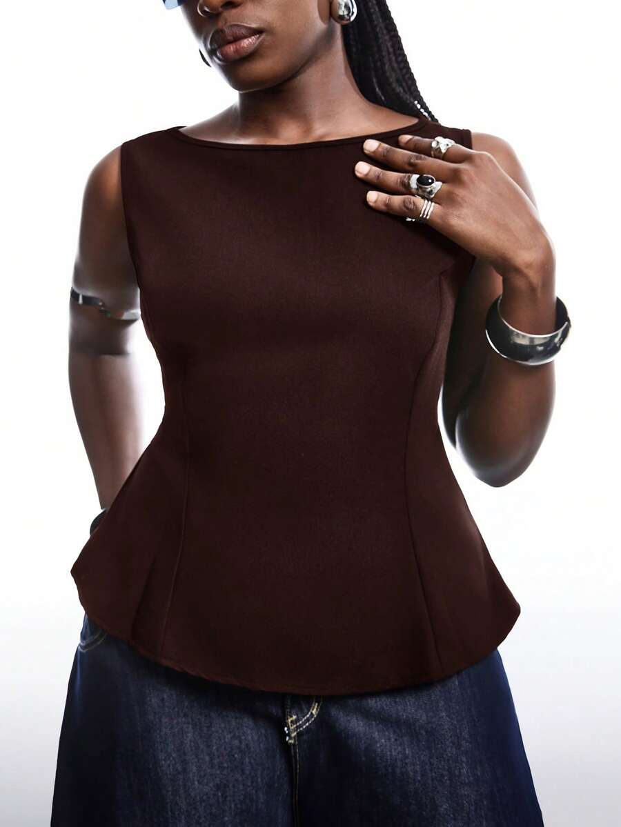 LYSMO Plus Size Elegant Coffee Brown Belted Camisole, Summer - Coffee Brown - View 1