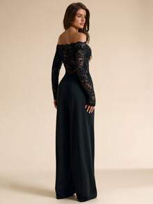 SHEIN BAE Black Long Sleeve Sexy Off-Shoulder Lace Jumpsuit, Tight-Fitting Flared Leg, Spring/Summer - Black - View 6