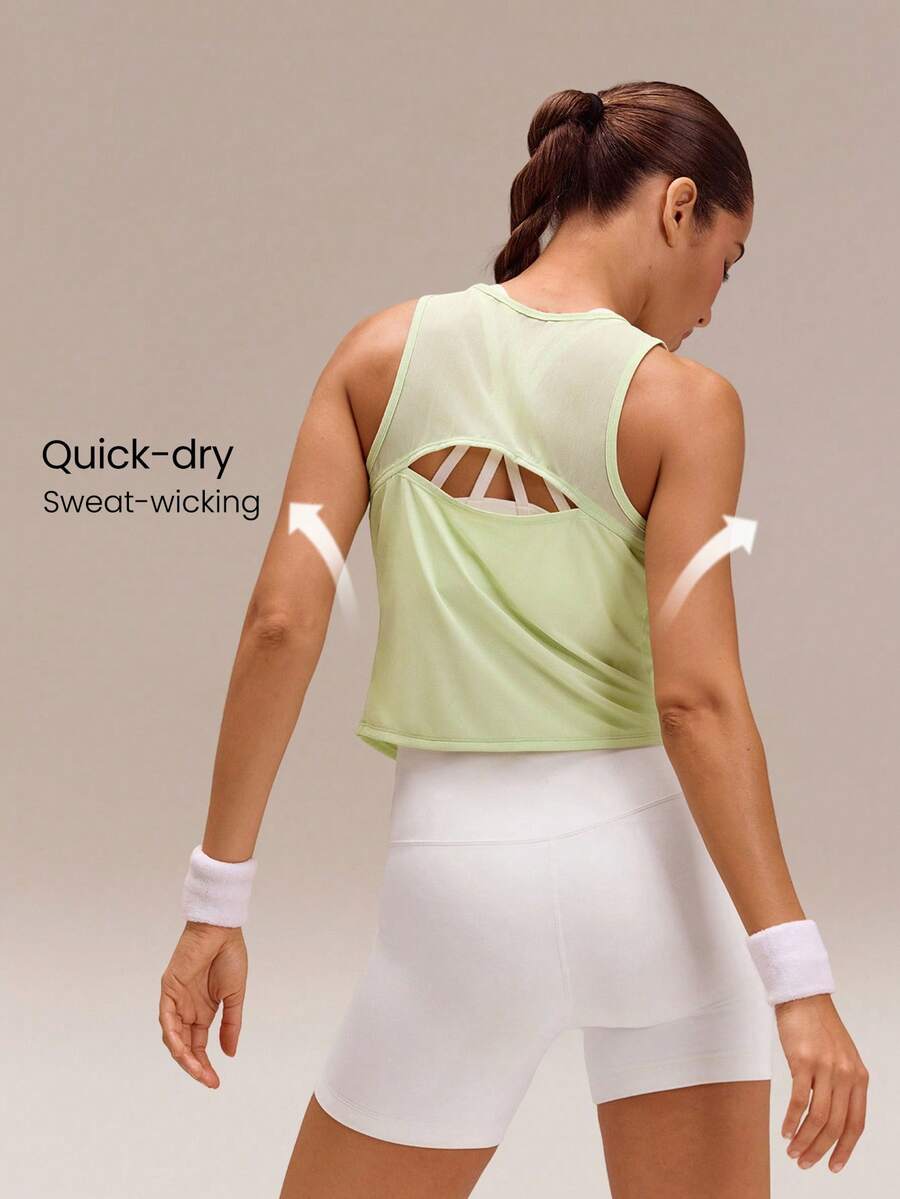 GLOWMODE Ultrafine Soft Seamless Rise & Run Waist Length Sweat-Wicking Back Mesh Panels Regular Fit Muscle Tank Running Jogging Training Tennis Golf Workout Gym Wear - Green - View 1