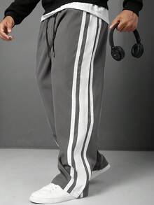 Manfinity Homme Plus Size Striped Drawstring Casual Loose Straight Pants, Versatile For Daily Wear - Grey - View 4