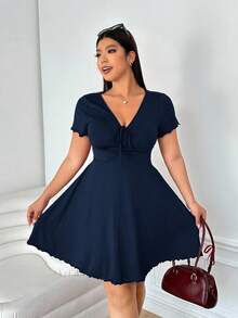 Solflare Plus Size Women V-Neck Front Twist Dress, Navy Blue - Navy Blue - View 3
