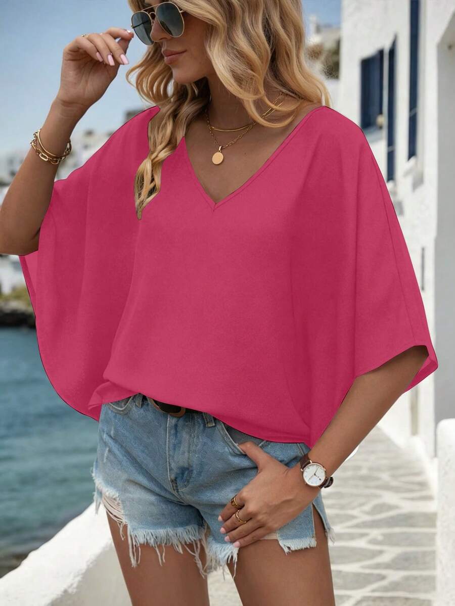 EMERY ROSE Casual Solid Color Batwing Sleeve Shirt, Summer - Hot Pink - View 1