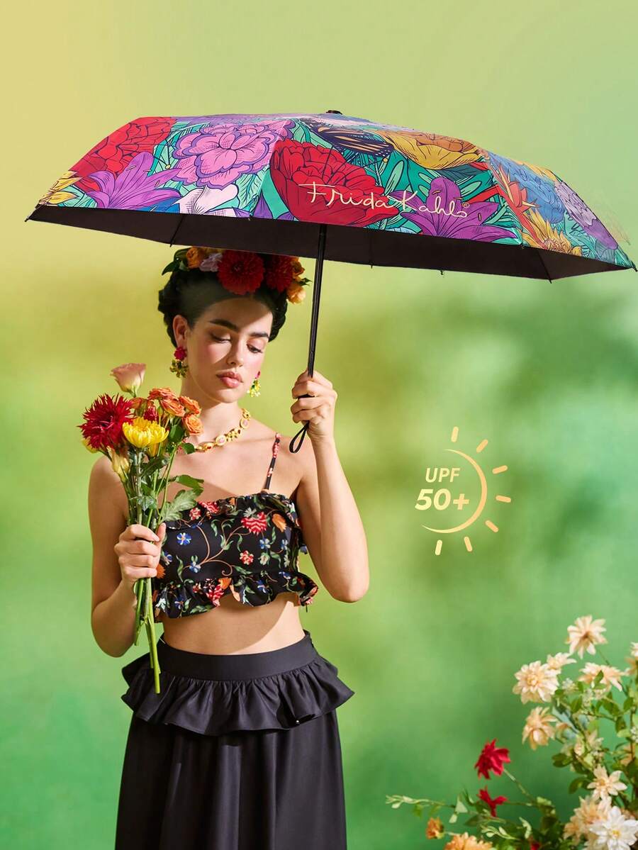 Frida Kahlo X SHEIN 1把印花图案雨伞,UPF 50+ 防紫外线,适合学校、工作、户外活动和日常使用,专为大学生、高中生、男女设计,墨西哥风格,热带花卉、蝴蝶、弗里达·卡罗、复古艺术,展现女性力量。 - 彩色 - 查看 1