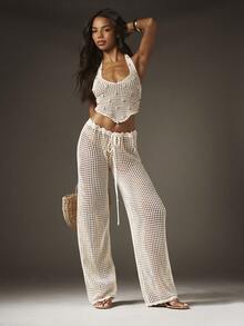 MISSGUIDED 钩针编织阔腿裤高腰抽绳沙滩罩衫波西米亚风夏季度假宽松网眼针织裤 - 杏色 - 查看 3