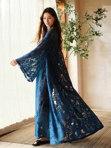 MOTF PREMIUM LACE TASSEL WAIST TIE LONG ROBE, SPRING/SUMMER - Teal Blue - View 5
