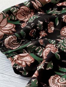 Linhara Plus Size Women's V-Neck Ruffle Trim Puff Sleeve Floral Print Vintage Casual Blouse, Comfortable And Versatile For Daily Wear, Summer New Arrival - Black - View 3