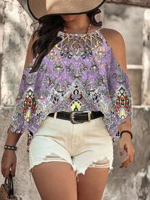 Linhara CURVE Blusa casual y elegante de talla grande para mujer con estampado de teñido anudado, para primavera/verano - Púrpura polvoriento - Ver 1