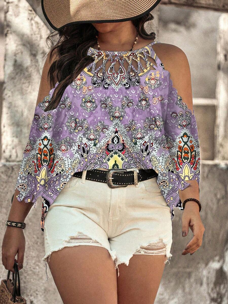 Linhara CURVE Blusa casual y elegante de talla grande para mujer con estampado de teñido anudado, para primavera/verano - Púrpura polvoriento - Ver 1